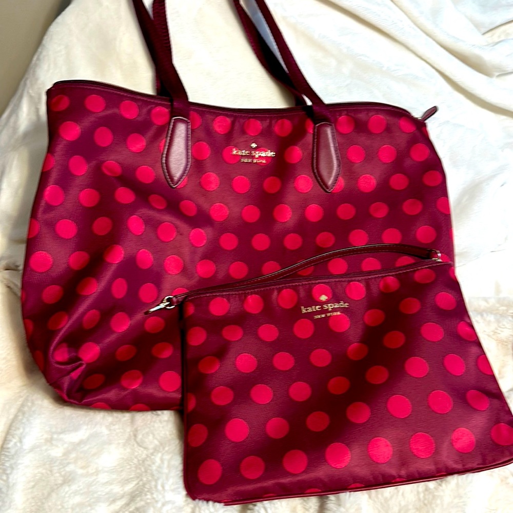 Kate Spade Mel Nylon packable tote in burgundy and pink polka dot pattern
